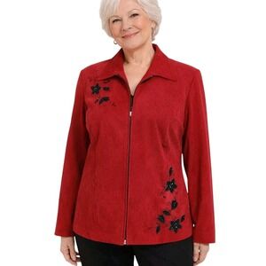 Vintage STUDIO I Size 16‎ Red Full Zip Collared Jacket Black Floral Embroidered